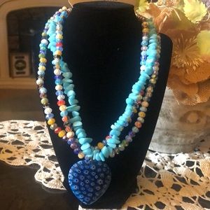 Erica Lyons Necklace Aqua Blue Multi Colored Beaded with Glass Heart Pendant